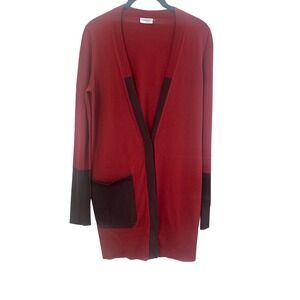 Akris Punto Burgundy Black Lightweight Wool V Neck Cardigan Sweater Size 8